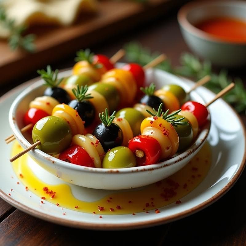 Banderillas de Encurtidos y Aceitunas con Toque de Pimentón: Aperitivo Español Sin Cocción