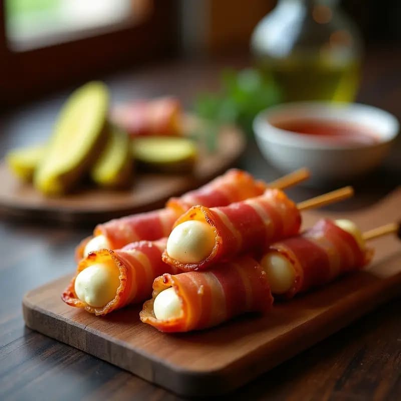 Banderillas de Mozzarella, Jamón y Pickles Envolvidos en Bacon: Aperitivo para Fiestas