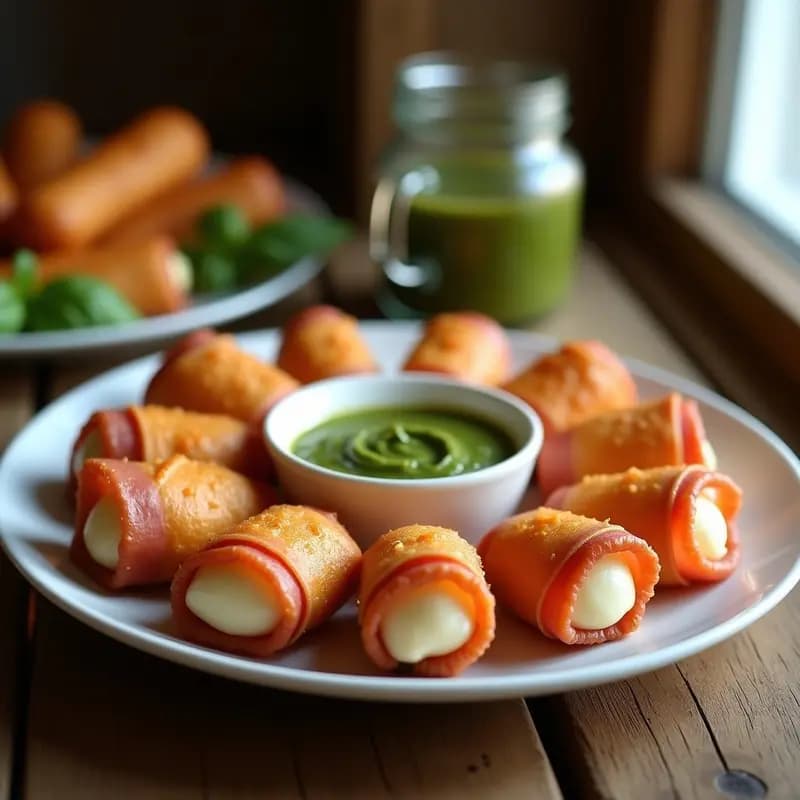 Banderillas de Mozzarella Empanizada con Jamón Serrano y Pesto: Crujientes y Adictivas