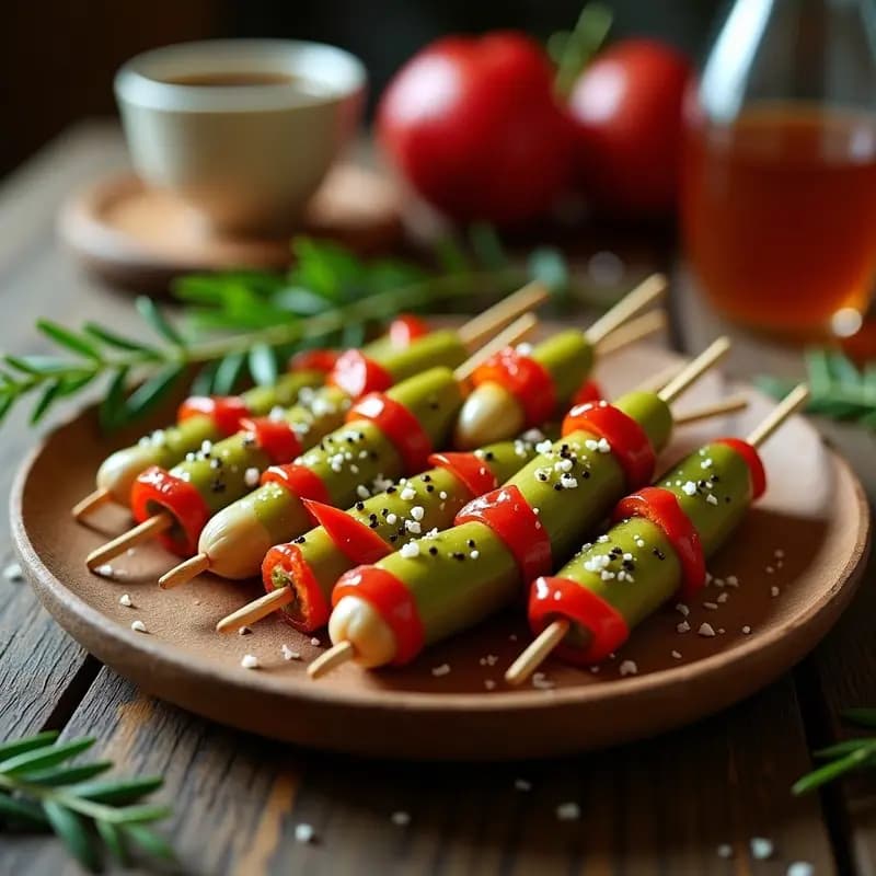 Banderillas de Pepinillos, Cebollitas y Guindilla: Aperitivo Español Crujiente y Picante