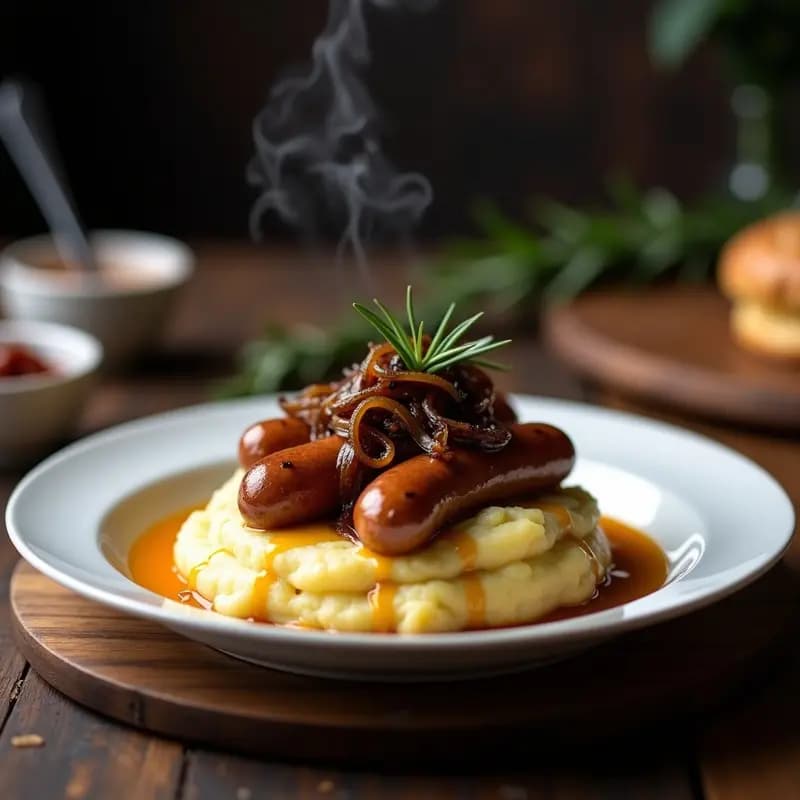 Bangers and Mash con Cebolla Caramelizada y Salsa de Mostaza: Comida Británica reconfortante