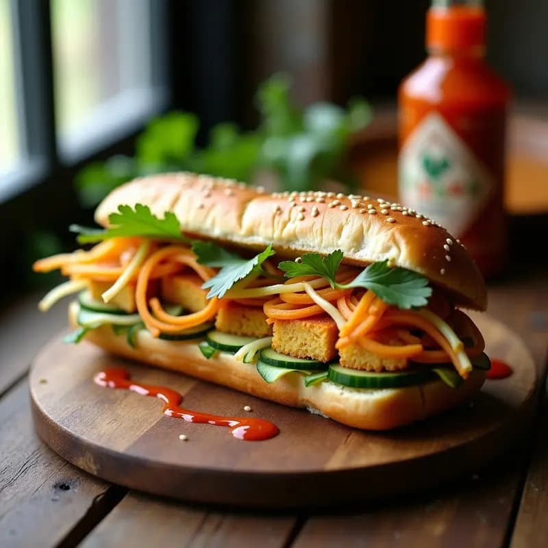Banh Mi Vietnamita de Tofu: Sándwich Crujiente con Encurtidos y Salsa Sriracha