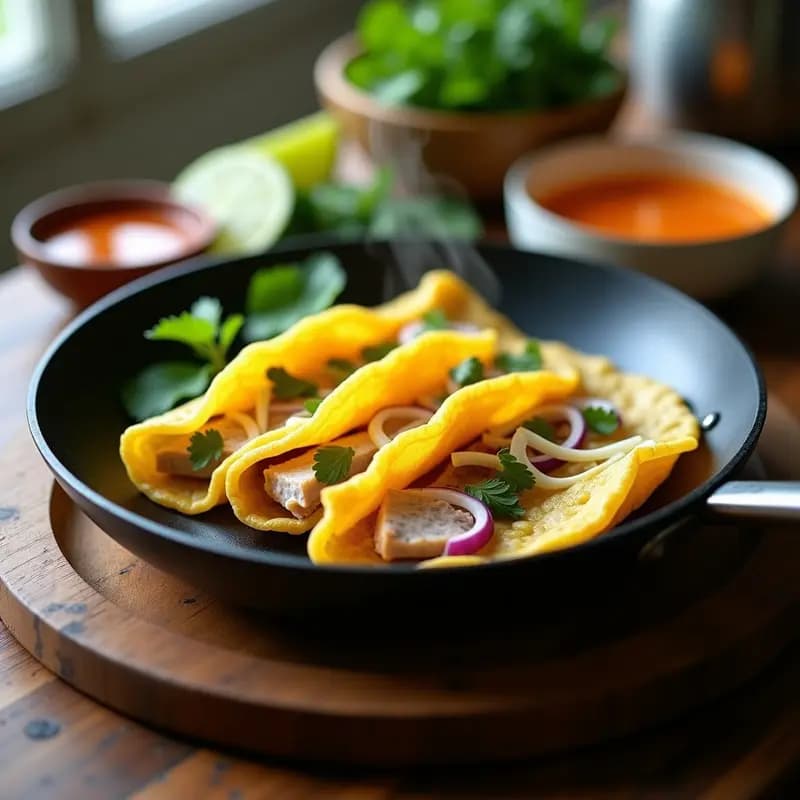 Banh Xeo Vietnamitas con Germinados y Cerdo: Crepes Crujientes en Sartén