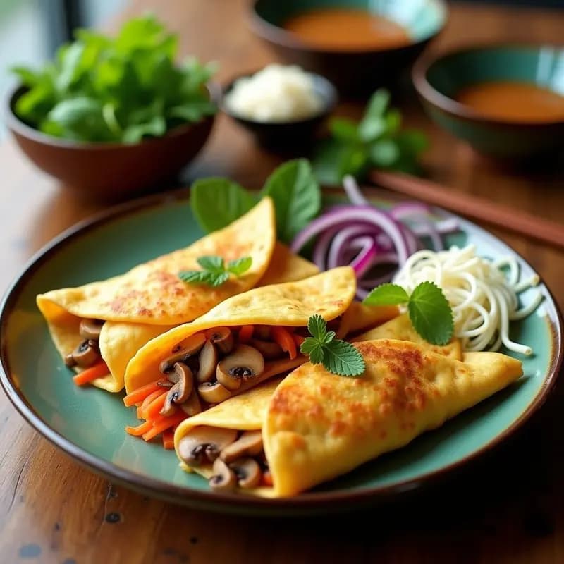 Bánh Xèo Vietnamita con Hongos Ostra: Crepe Crujiente Vegana con Brotes de Soja