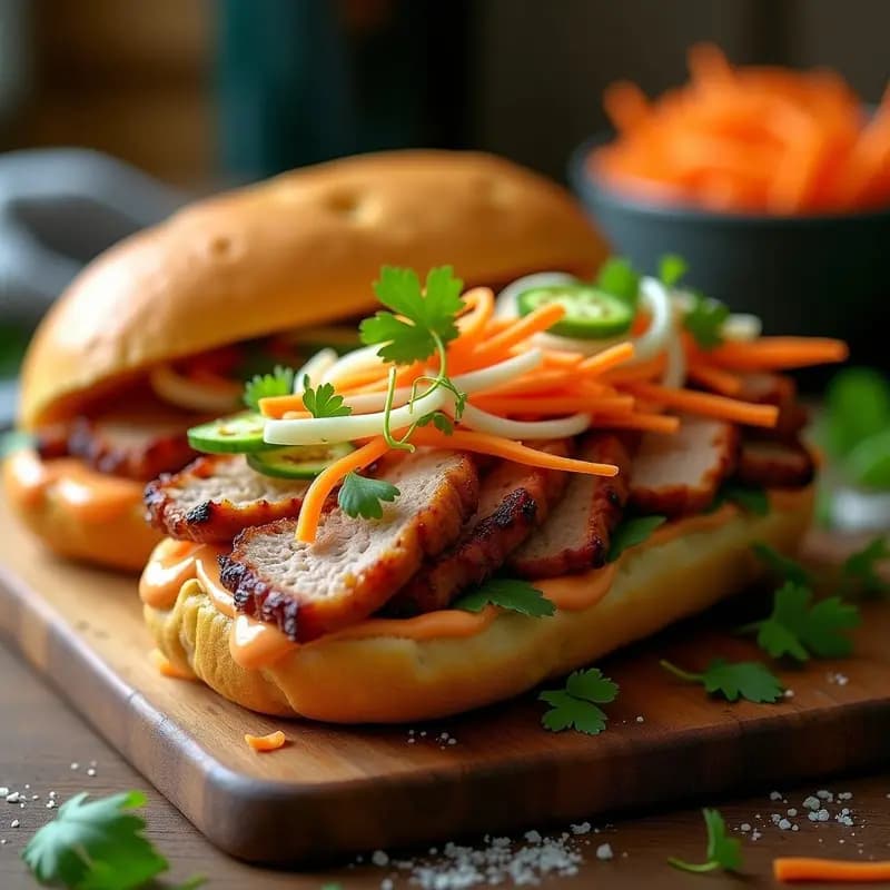 Banha Mi de Cerdo Asado con Encurtidos y Pan de Baguette: Sándwich Vietnamita en 20 Minutos