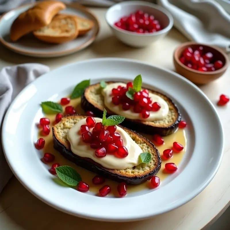 Bannoftain Egipcio: Berenjenas Asadas con Crema de Tahini y Granadas para Desayunar