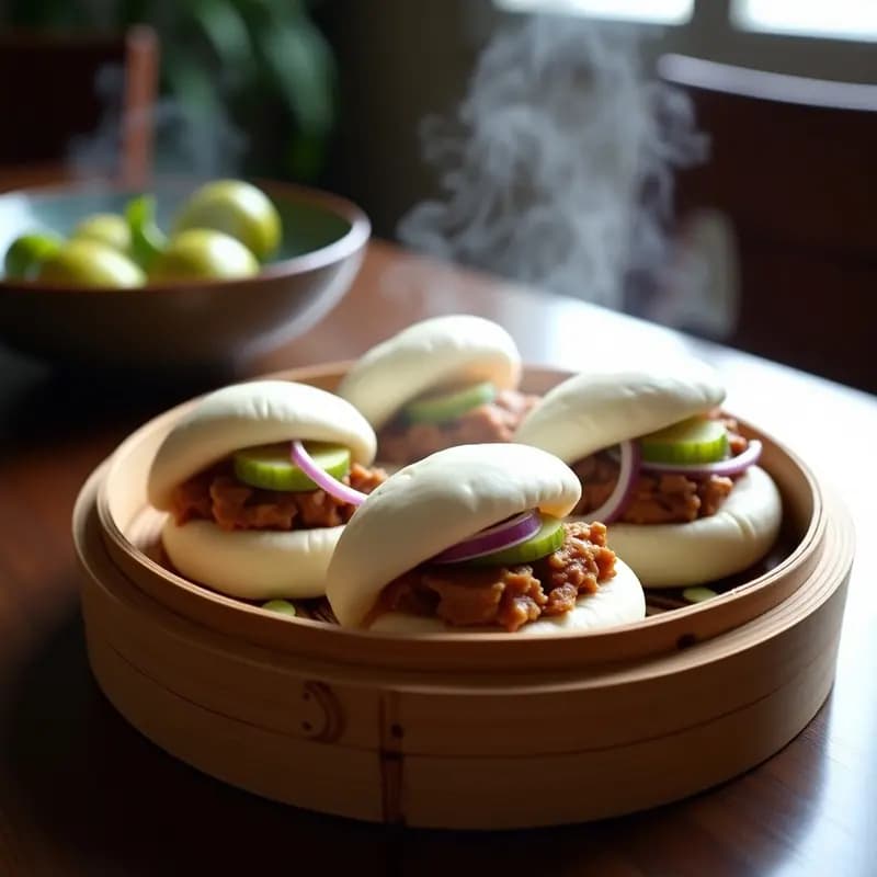 Bao Bun de Cerdo Desmenuzado y Pepinillos: Receta China en Steam