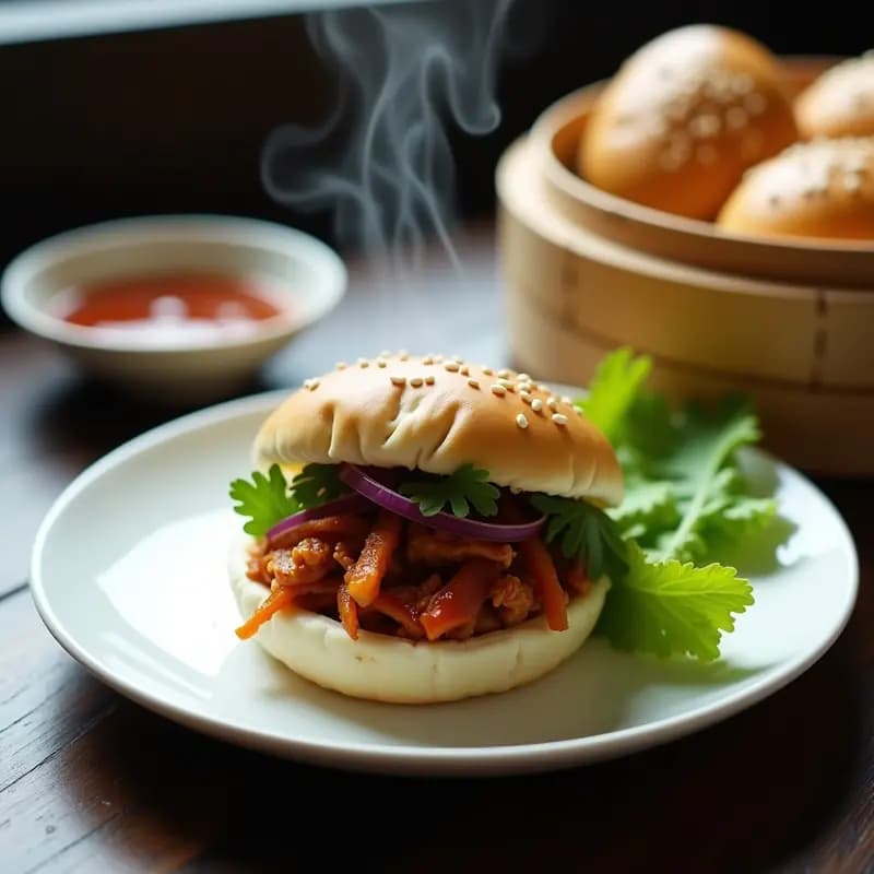 Bao Bun Vegano de Jackfruit BBQ: Pan Chino al Vapor con Relleno especiado y Crujiente