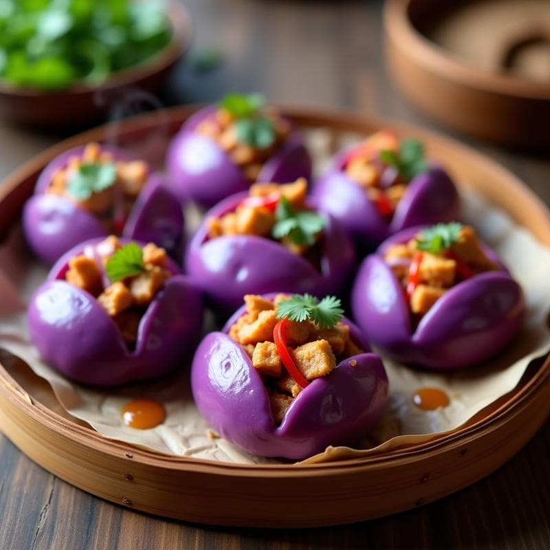 Bao Buns de Batata Morada con Relleno de Pollo Tikka: Receta Indo-China en 20 Minutos