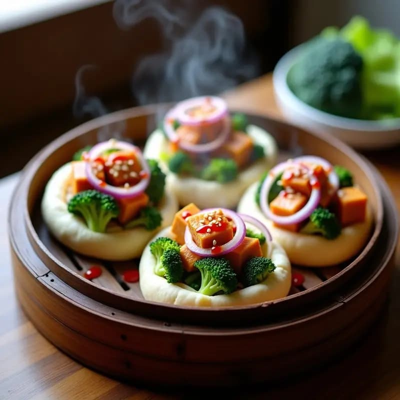 Bao Buns de Brócoli y Tofu Teriyaki: Receta China Vegana al Vapor con Salsa Sriracha