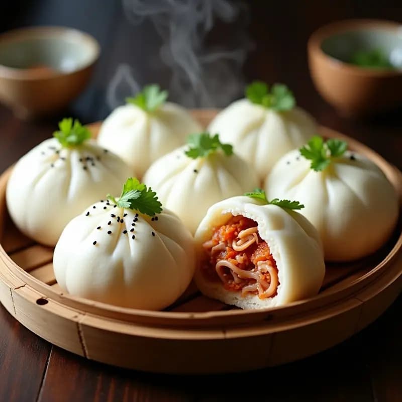 Bao Buns de Cerdo Desmenuzado y Kimchi: Pan Chino al Vapor con Fermentados Coreanos