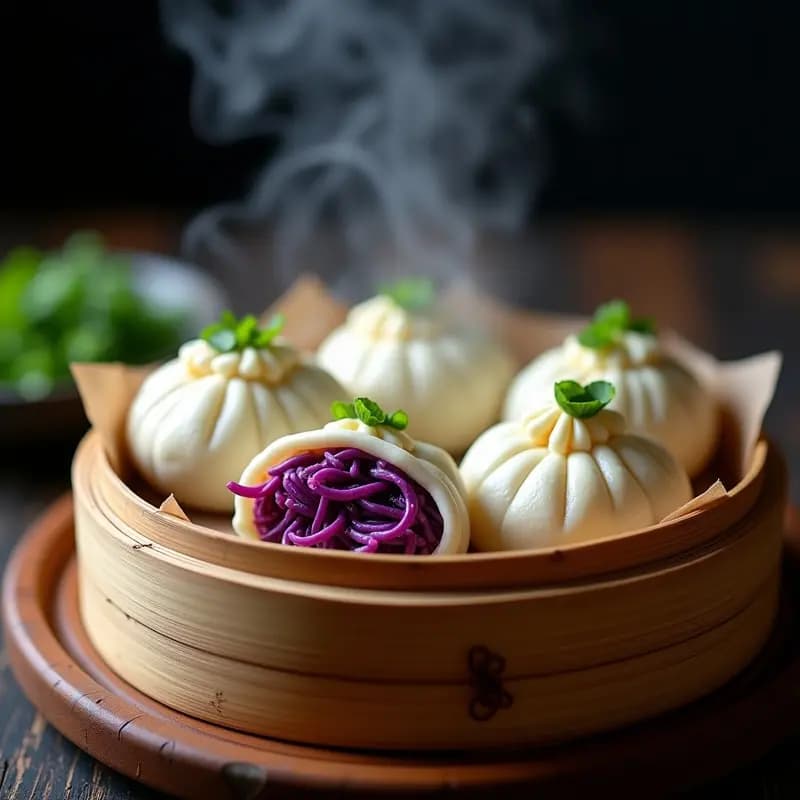 Bao Buns de Col Morada y Pollo de Seitán: Receta China Vegana al Vapor
