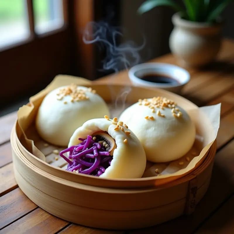 Bao Buns rellenos de Hongos Ostra y Repollo Morado: Receta China Vegana al Vapor
