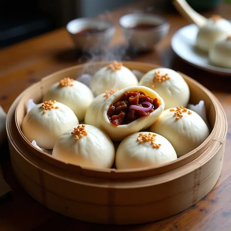Bao Buns al Vapor Rellenos de Pato Pekín: Panecillos Chinos dulces y salados en 45 Minutos