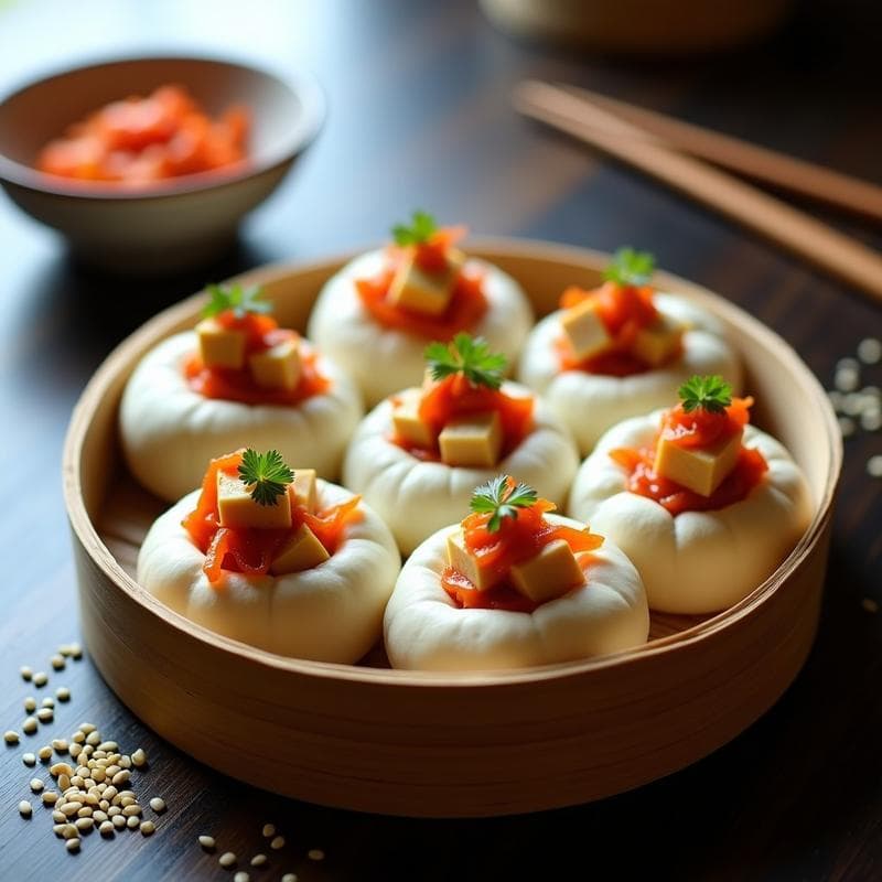 Bao buns rellenos de tofu marinado y kimchi: Receta coreana vegana al vapor