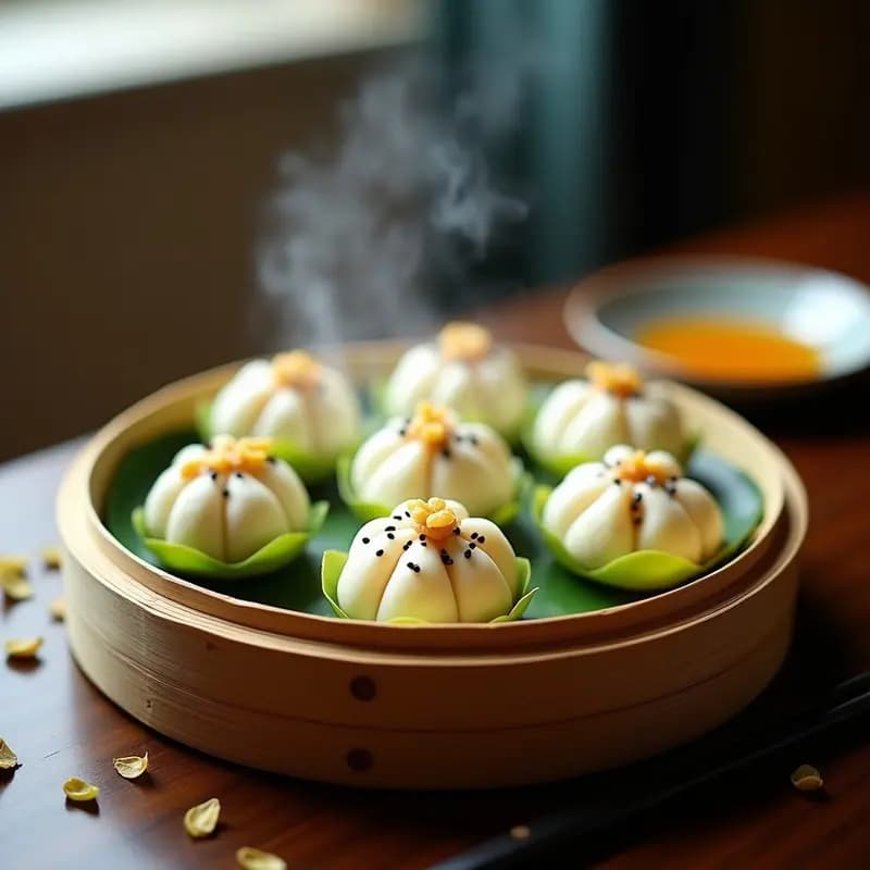 Bao Feng de lotus y anacardos: Postre chino al vapor con pasta de loto y relleno dulce