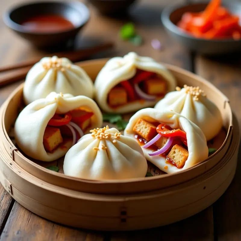 Bao de Tofu Teriyaki y Pimiento Rojo: Bollos al Vapor Chinos Veganos