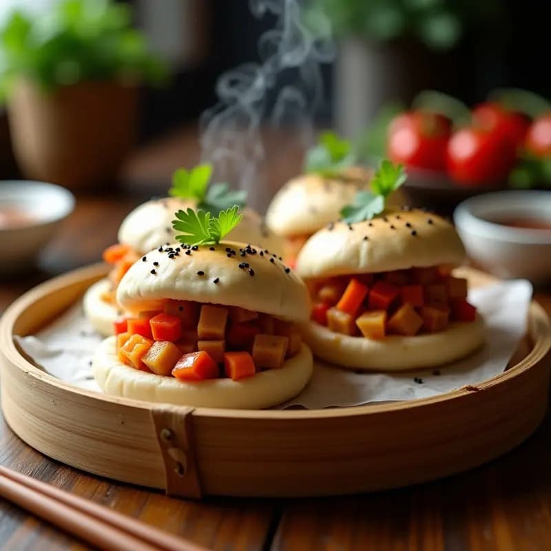 Bao al Vapor Relleno de Pollo Teriyaki y Vegetales: Receta China para Llevar