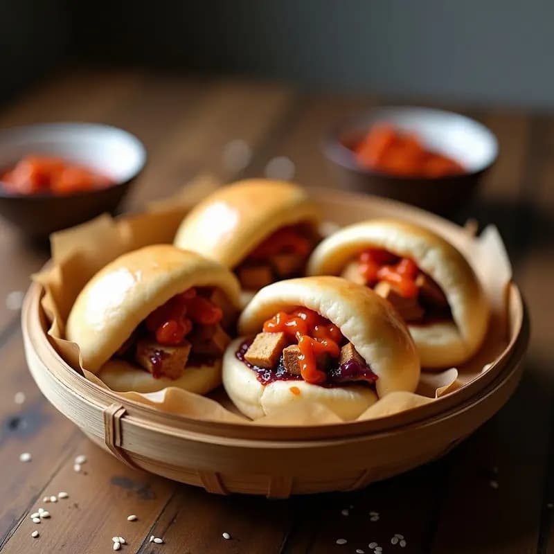 Bao Vegano de Tofu Ahumado y Kimchi con Salsa Sriracha: Receta China en Airfryer