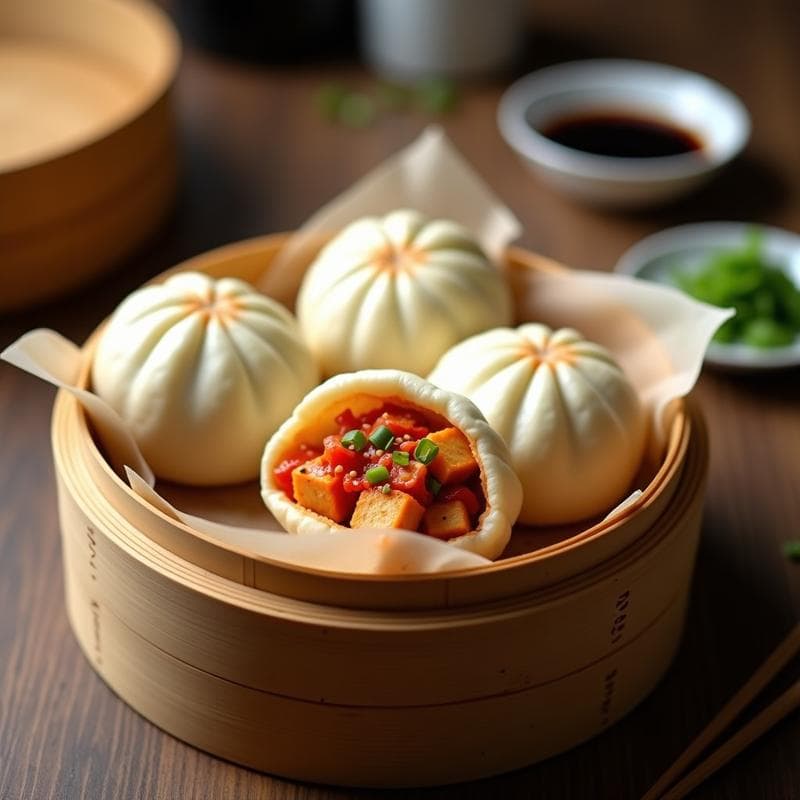 Bao Vegano de Tofu y Kimchi: Receta Coreana al Vapor con Masa de Arroz