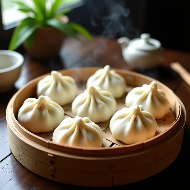 B林菜包 (Bao de Verduras al Vapor): Panecillos Chinos Rellenos de Hongos y Repollo