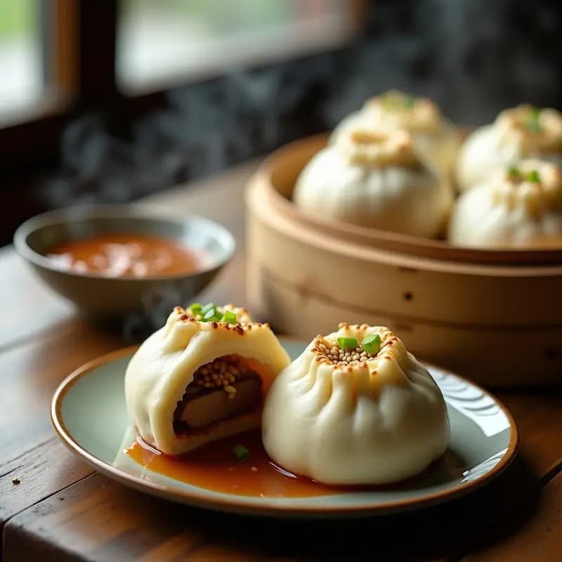 Baozi de Cerdo y Bambú: Bolas al Vapor Chinas con Salsa de Sésamo