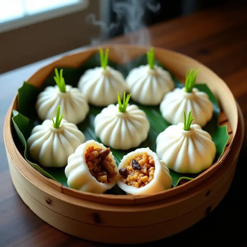 Baozi de jackfruit y shiitake: Receta china vegana al vapor con masa de harina de arroz