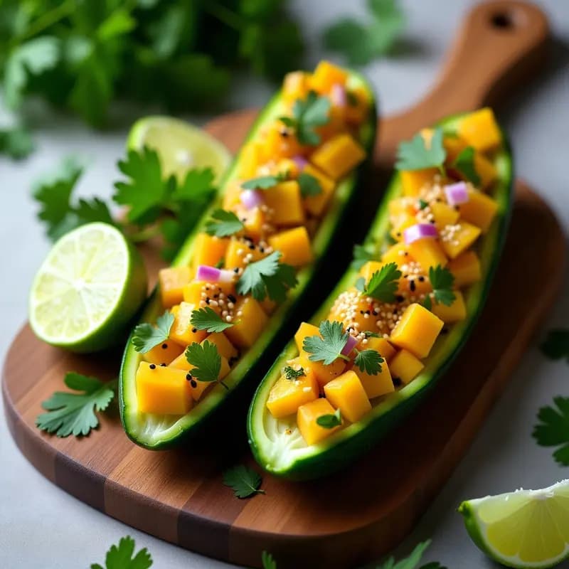Barquitos de Pepino Rellenos de Ceviche de Mango y Aguacate: Receta Peruana Fresca y Sin Cocinar