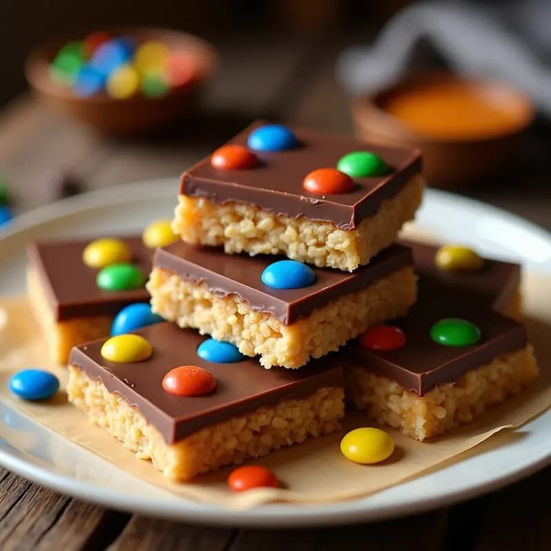 Barritas de Cereal con Chocolate, Caramelo y M&M’s: Postre Industrial Casero