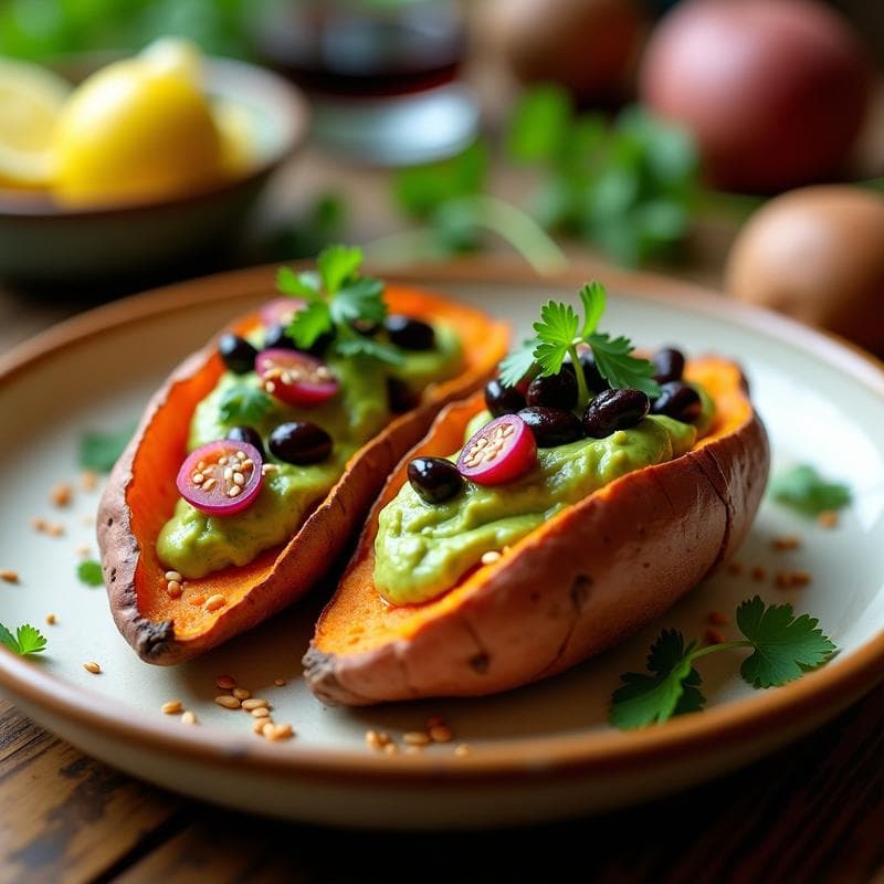 Batata Asada Rellena de Guacamole y Frijoles Negros: Platos Principales Vegano en Microondas
