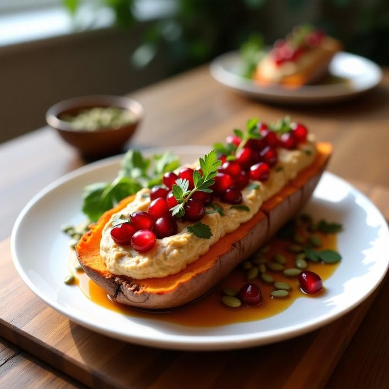 Batata Asada Rellena de Hummus y Granos de Granada: Receta Vegana y Colorida