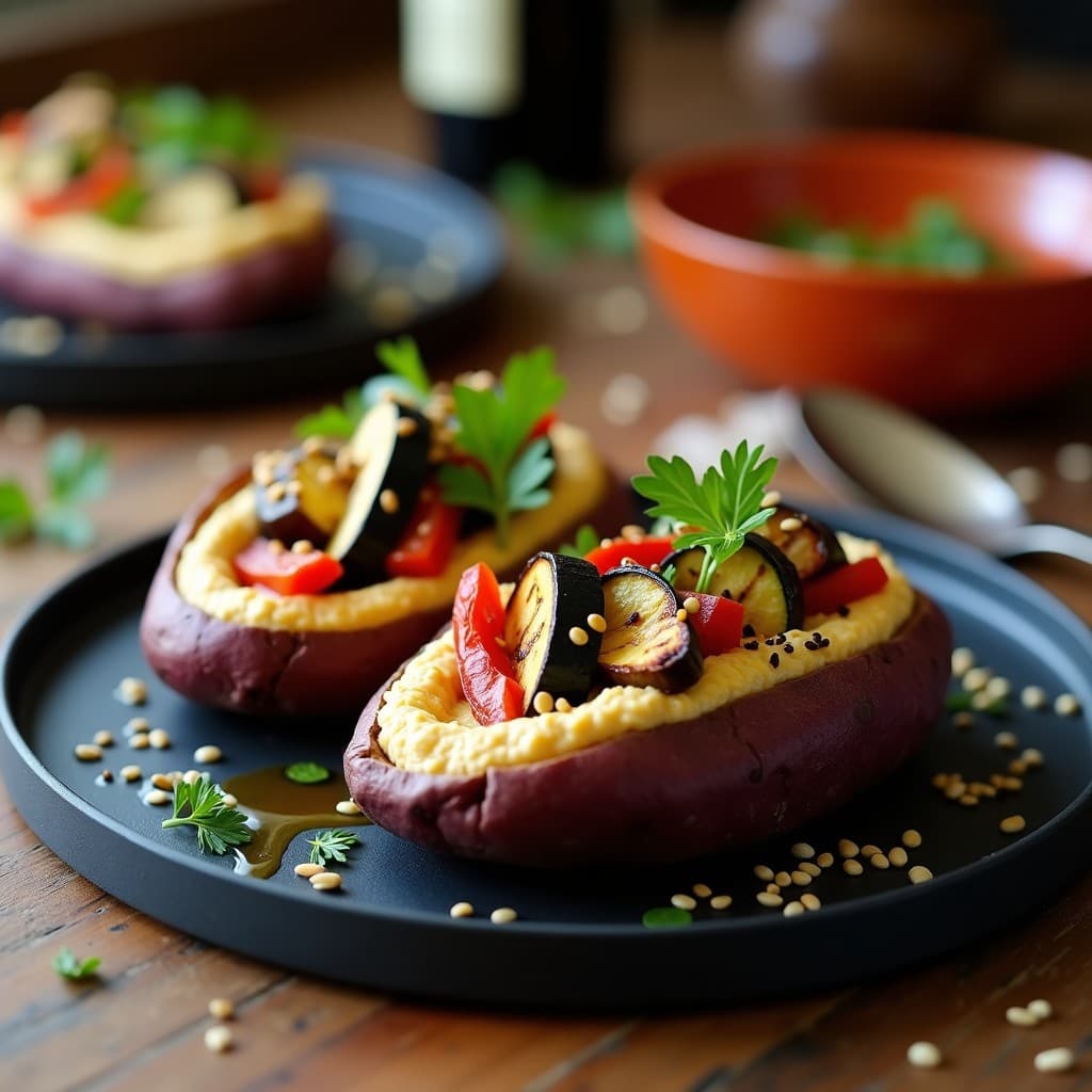 Batata Asada Rellena de Hummus y Verduras a la Parrilla: Plato Único Vegano y Saciante