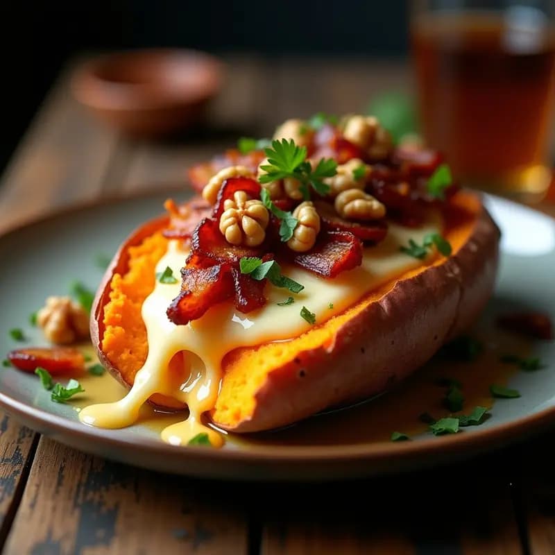  Batata Asada Rellena de Pull-Apart Cheese Queso Azul y Tocino Crujiente: Acompañamiento Decadente