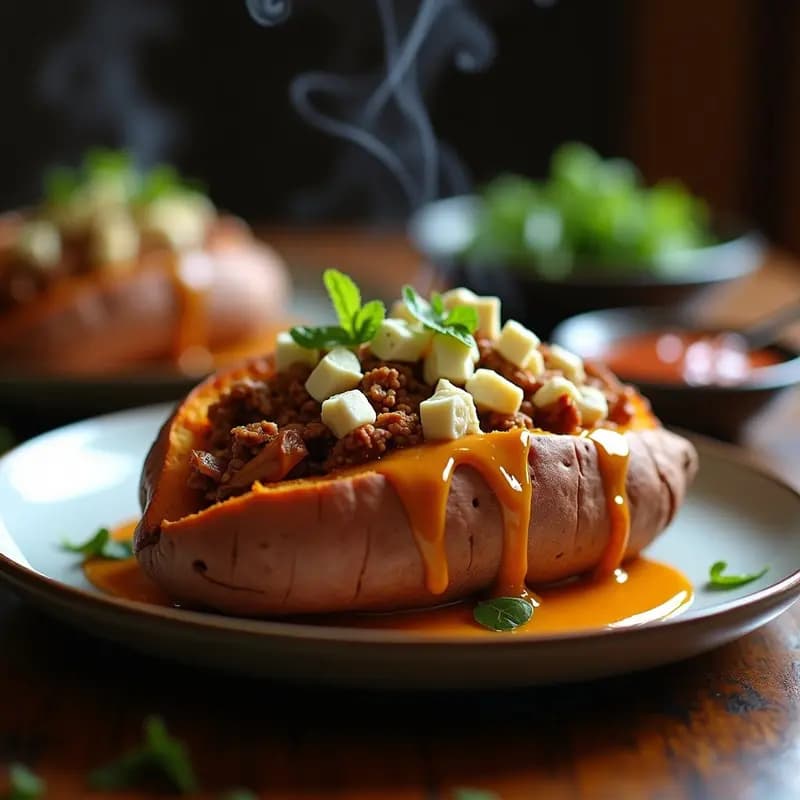 Batata Asada Rellena de Pulled Pork, Queso Azul y Salsa de Miel y Mostaza
