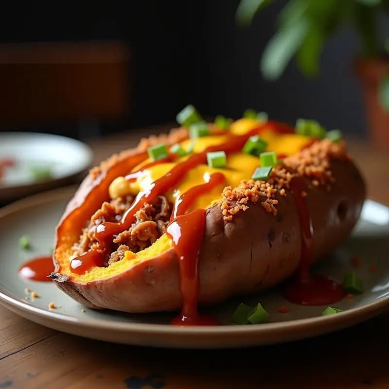 Batata Asada Rellena de Pulled Pork, Queso y Barbacoa: Comida en Una Solo Manzana
