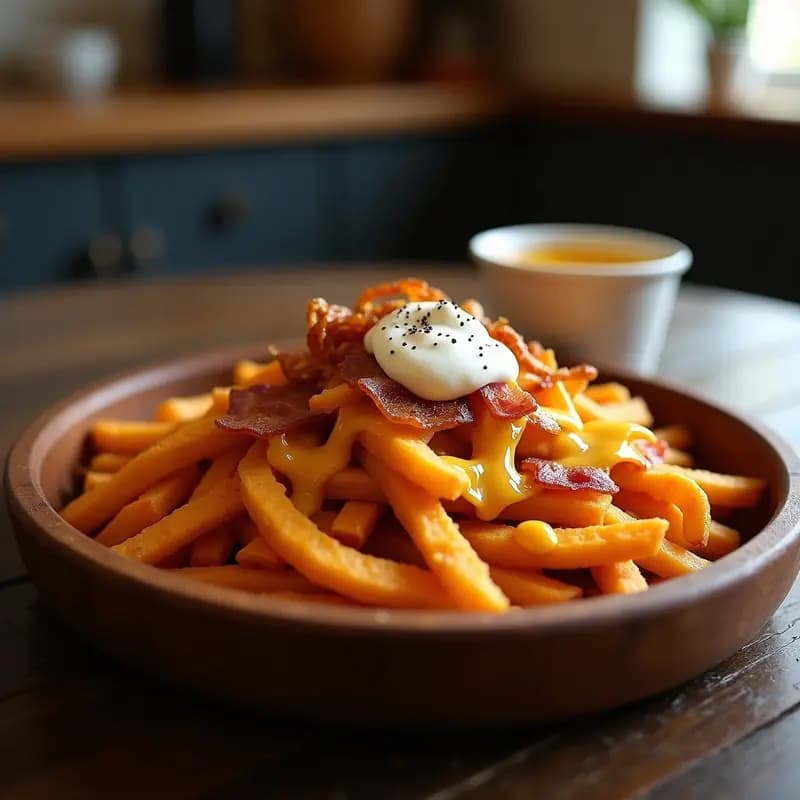 Batata Frita Cargada con Queso, Tocino, Crema Ácida y Cebolla Cruzada: El Acompañamiento Definitivo