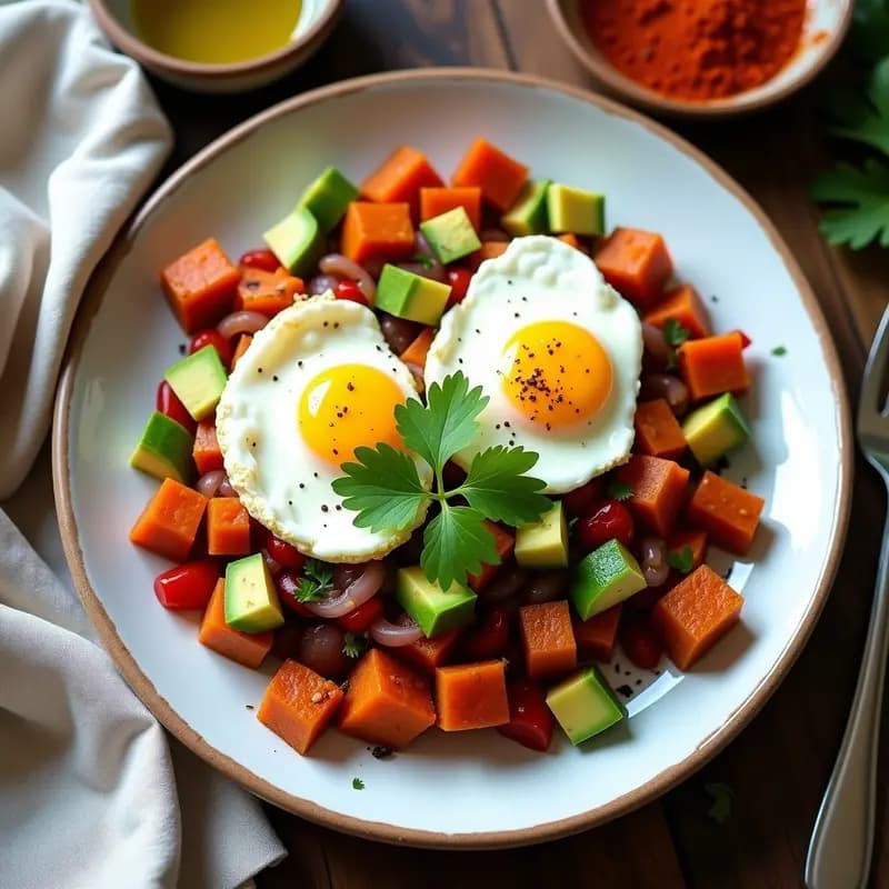 Batata Hash con Huevo Poché y Aguacate: Desayuno Americano Keto