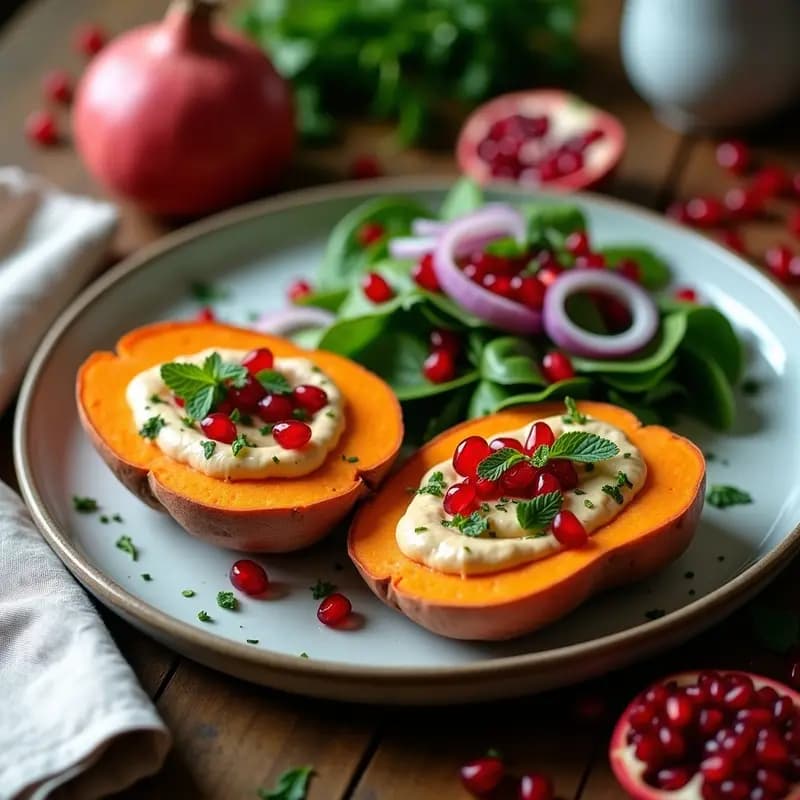 Batata Rellena de Hummus y Ensalada de Granadas: Receta Vegana y Sin Cocción