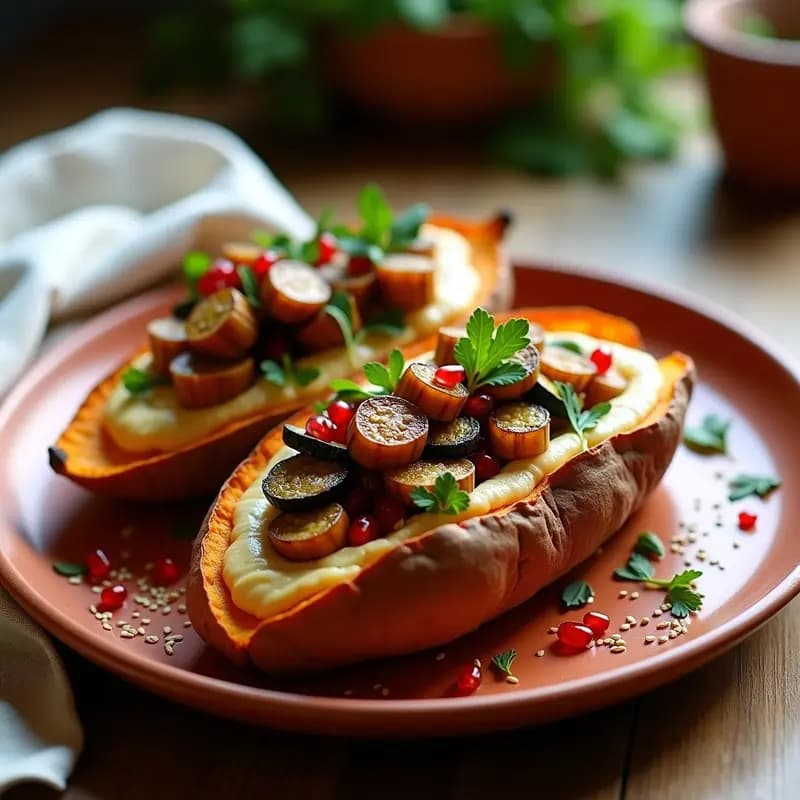 Batata Rellena de Hummus y Vegetales Asados con Tahini: Receta Mediterránea Vegana y Saciante