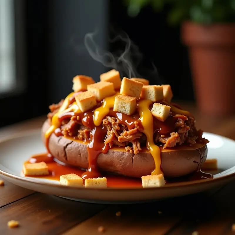 Batata Asada Rellena de Queso Cheddar, Pull Pork y Salsa Barbacoa: Cheat Meal Definitivo