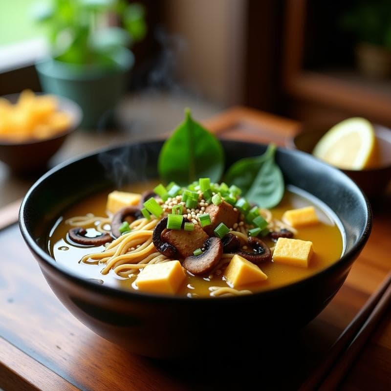 Batchoy Vegano: Sopa Filipina de Fideos con Tofu Ahumado y Champiñones