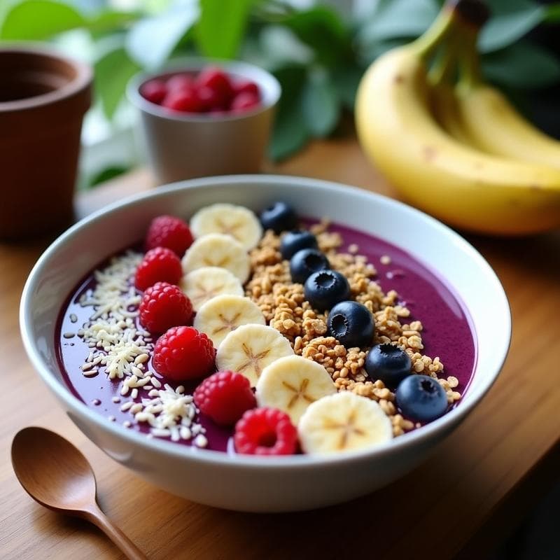 Batido de Açaí con Banana y Granola de Quinoa: Desayuno Brazilero Alta en Antioxidantes