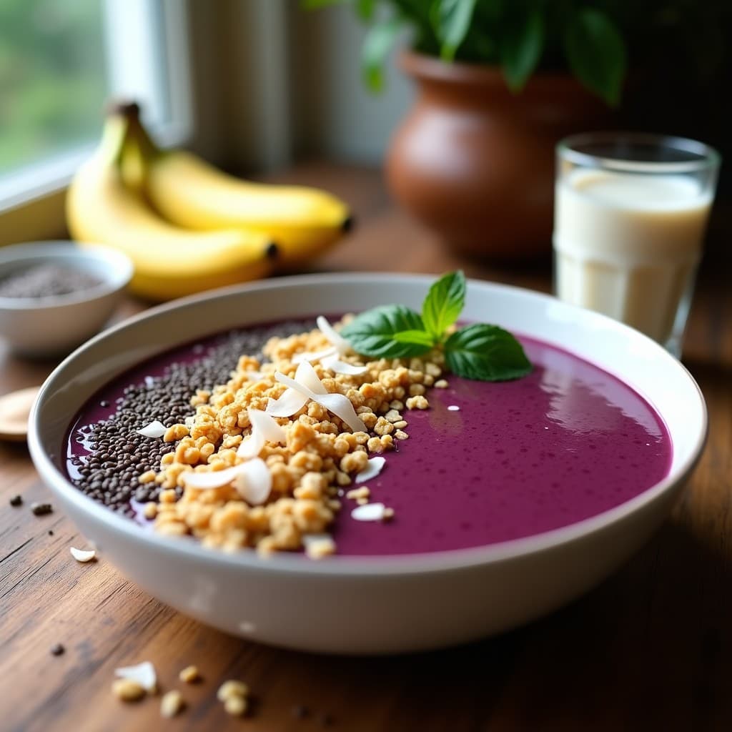 Batido de Açaí y Leche de Cáñamo con Granola de Quinoa: Desayuno Amazónico Vegano