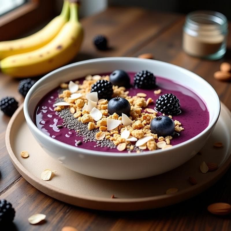 Batido de Açaí y Moras con Granola de Quinoa: Desayuno Antioxante y Energético