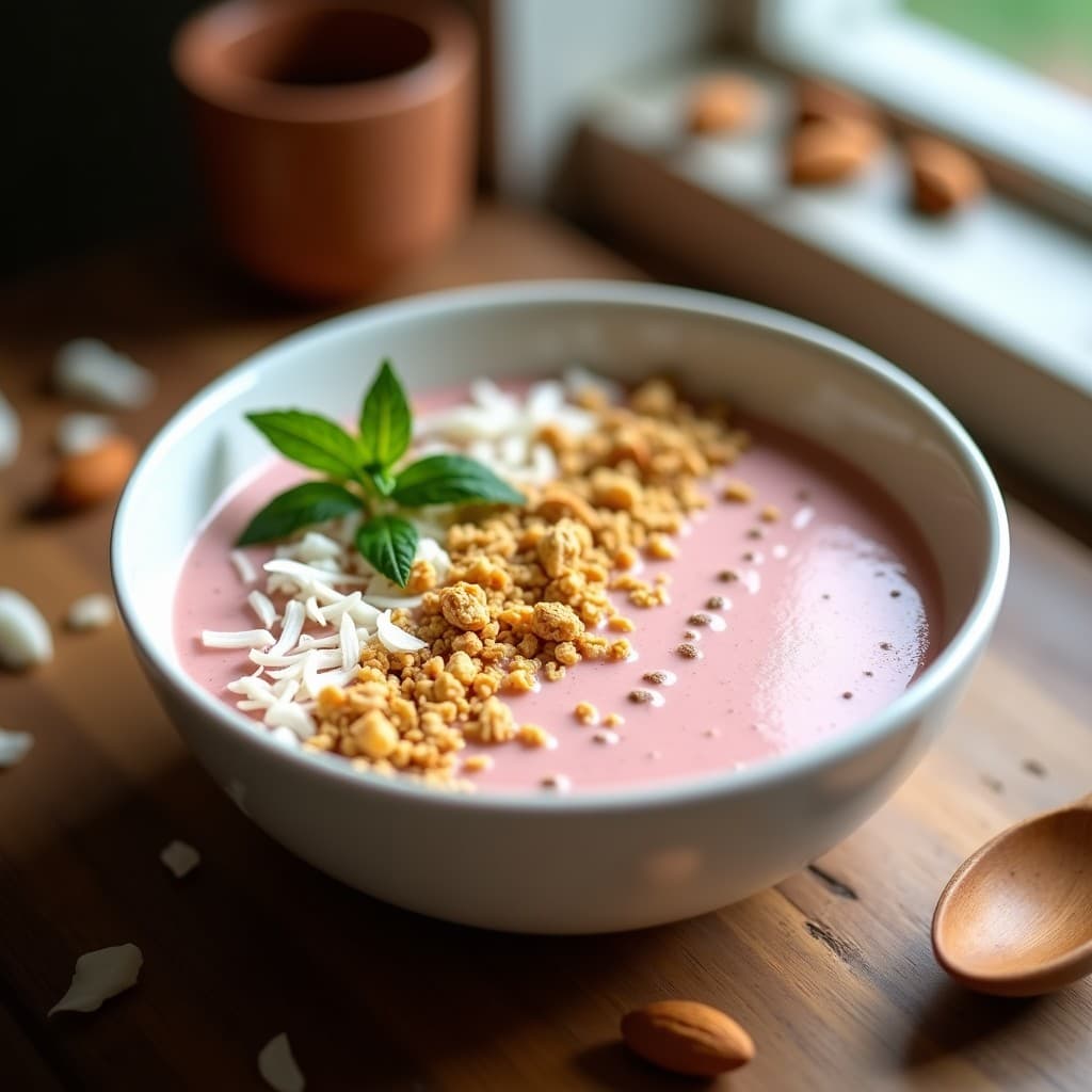 Batido de Camu Camu y Leche de Almendras con Topping de Granola: Desayuno Amazónico Energizante