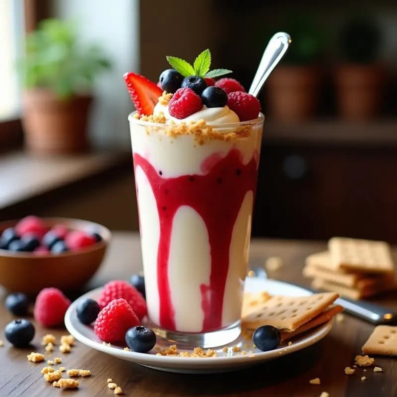 Batido de Cheesecake con Trozos de Galleta Graham Salsa de Frutos Rojos y Nata
