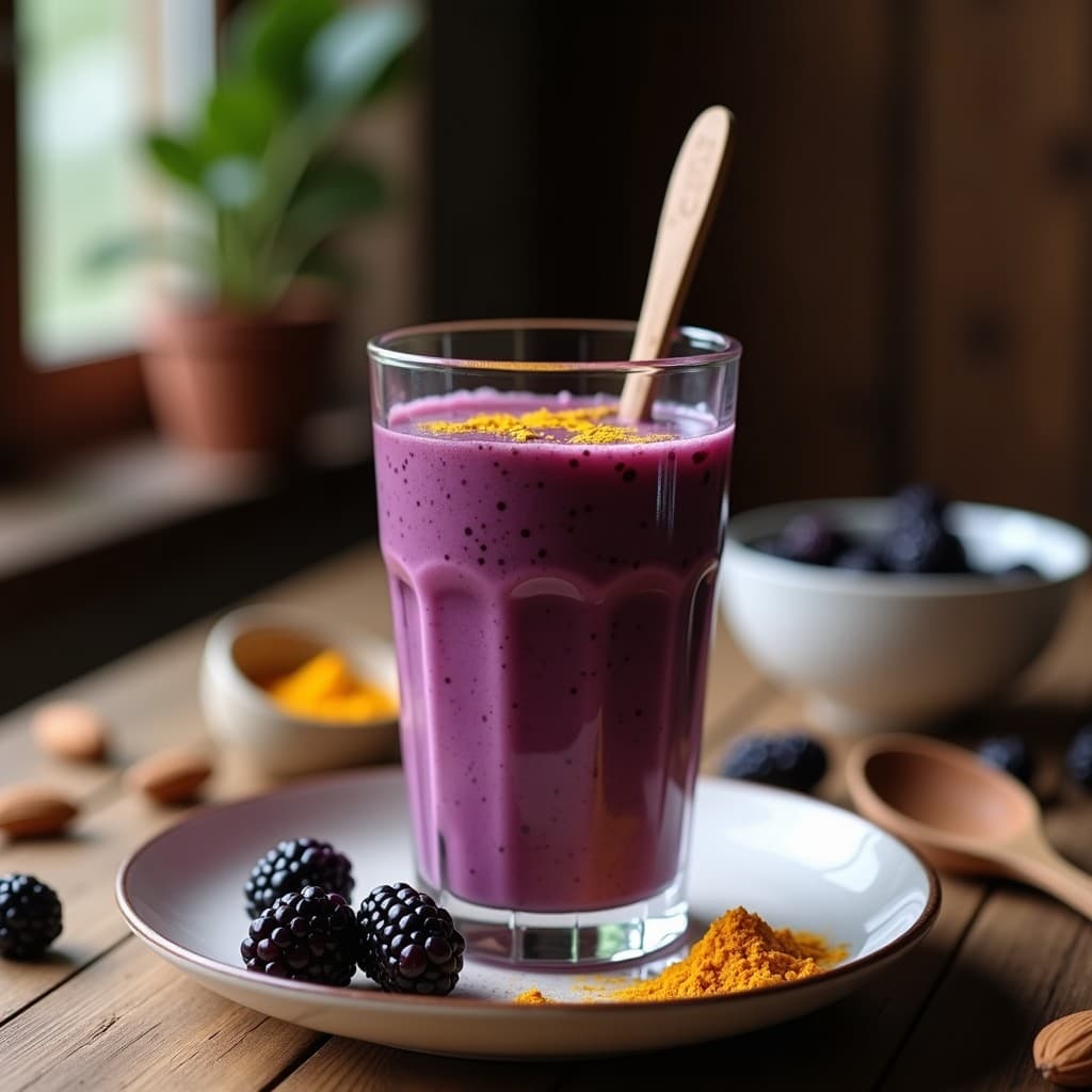 Batido de Cúrcuma y Zarzamora con Leche de Almendras: Bebida Antiinflamatoria y Vegana