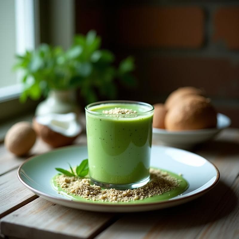 Batido de Espirulina y Leche de Cáñamo con Topping de Coco: Bebida Vegana Alta en Proteína