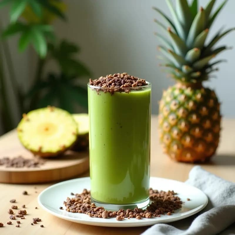 Batido de Espirulina y Piña con Granola de Cacao: Desayuno Superfood en 5 Minutos