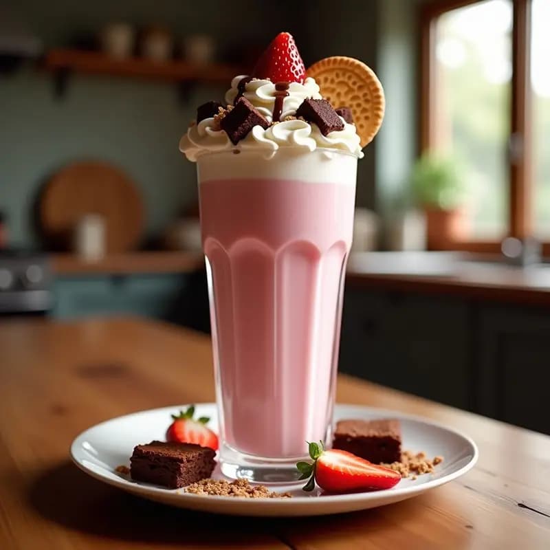 Batido de Fresa con Toppings de Brownies, Galletas y Nata Montada: Postre Líquido que es una Delicia